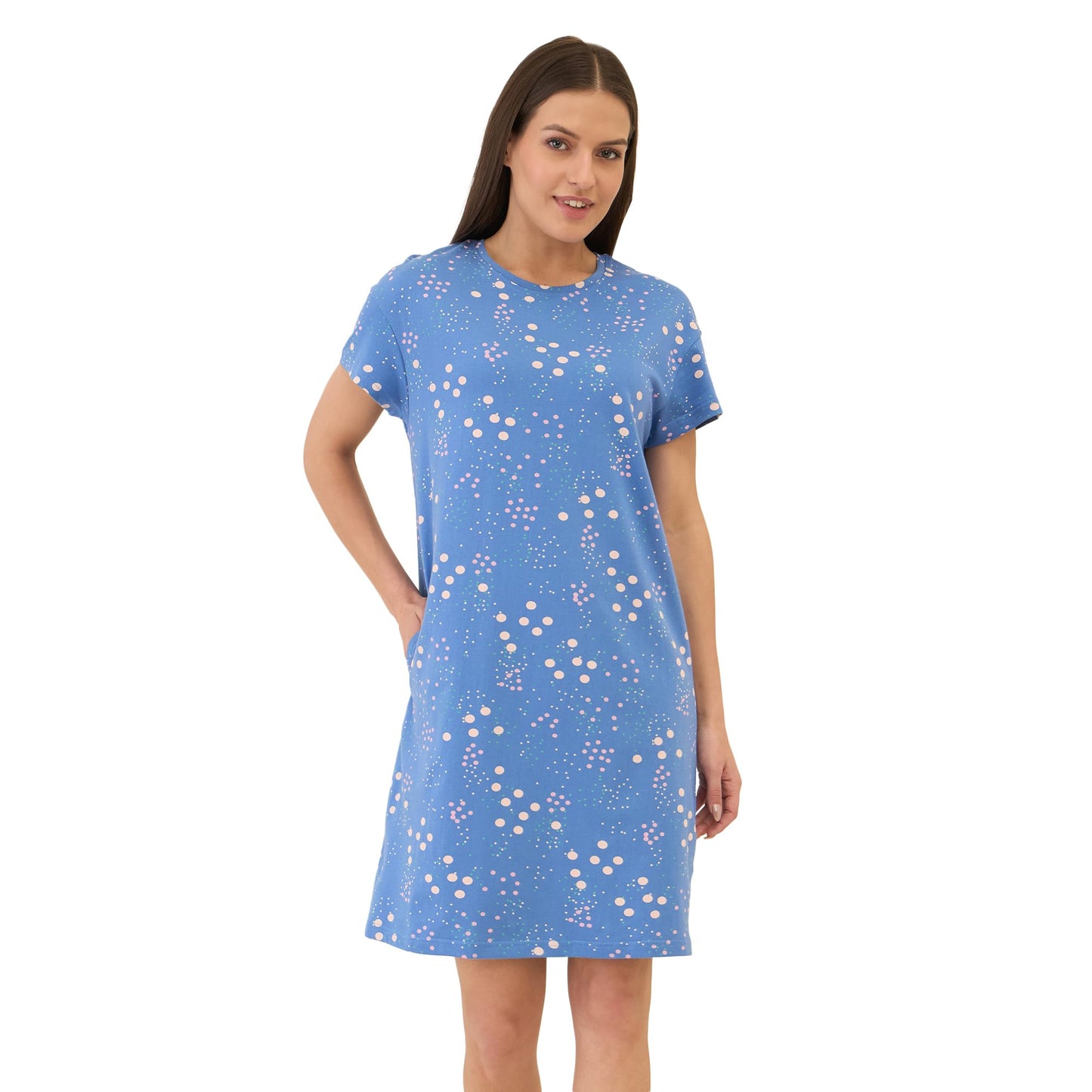 Sweet Dreams Women's Short Nightdress | Polka Dots Print Short Sleeve Dress | Soft Cotton Sleepwear, Casual Lounge Dress with Pockets S-2XL
