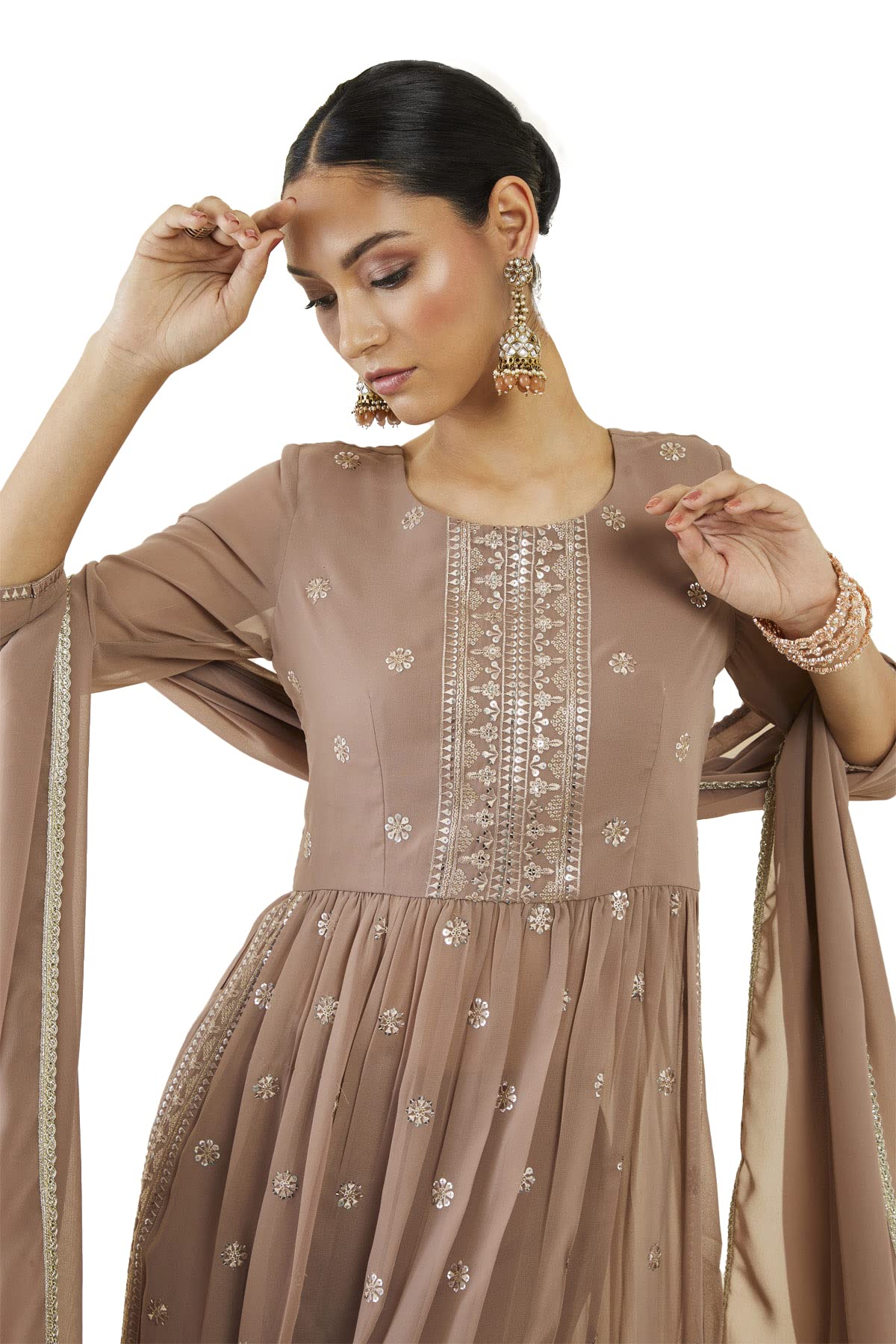 Soch Women Pink Georgette Embroidered Suit Set(Pink_L)