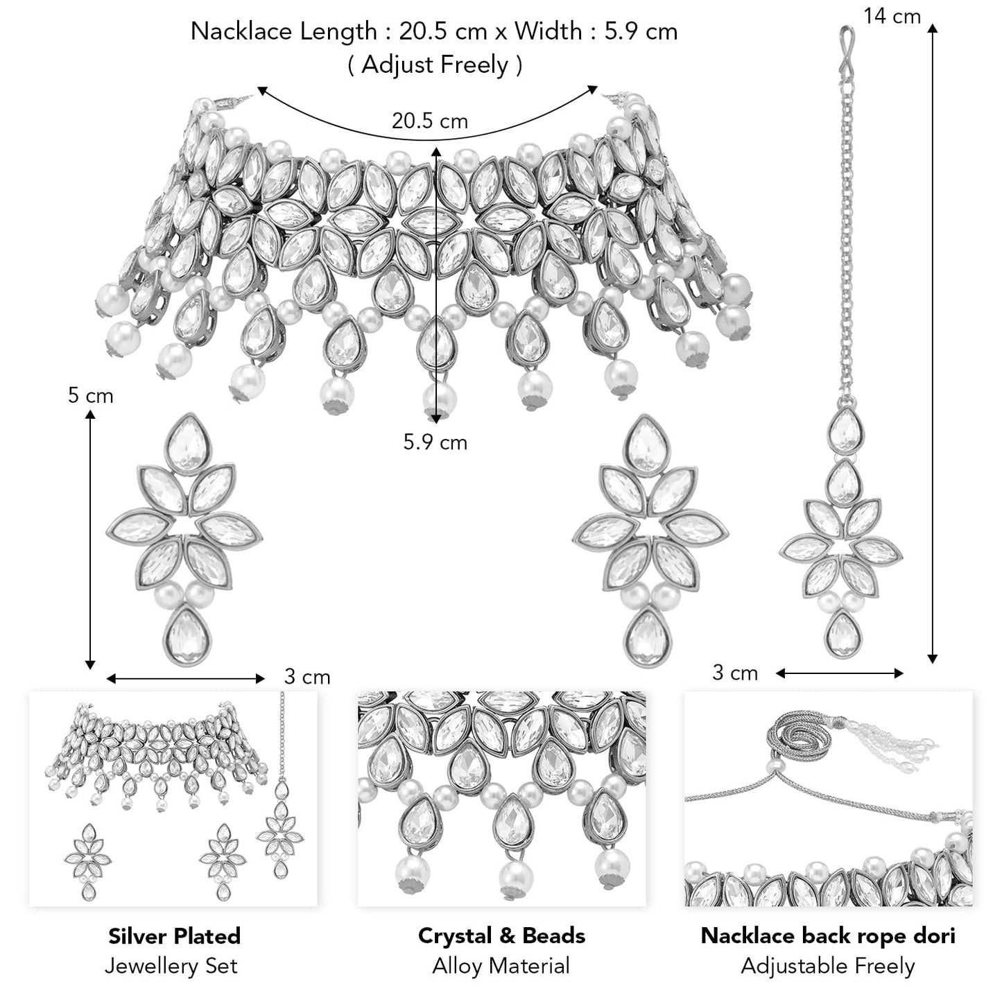 Peora Silver Plated Crystal & Beads Studded Necklace Earrings Maangtikka Set Ethnic Jewellery for Women