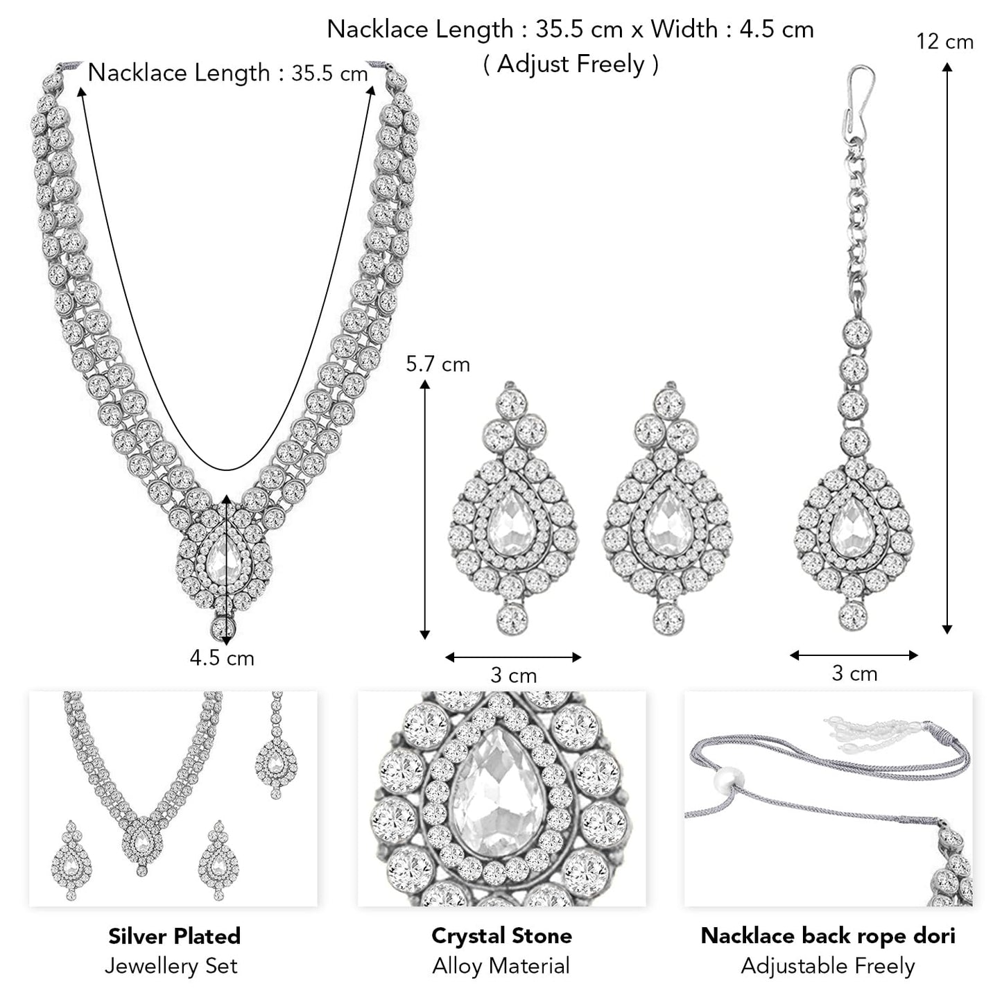 Peora Silver Plated Crystal Studded Necklace Earrings Maangtikka Set Contemporary Jewellery for Women