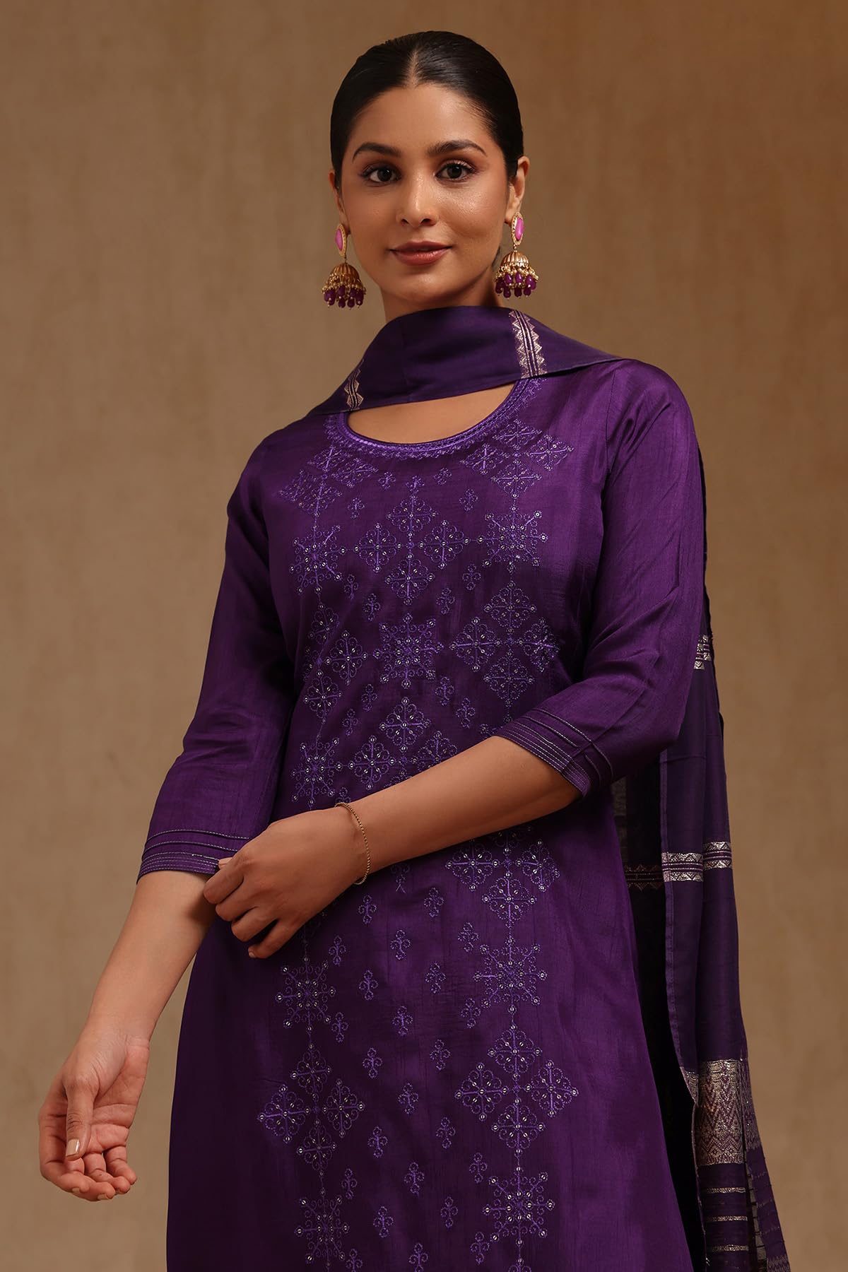 Soch Womens Purple Dola Silk Embroidered Suit Set With Thread Work