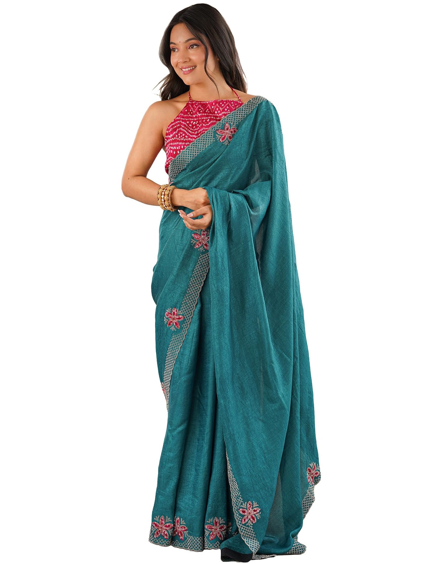AKHILAM Women's Teal green Vichitra Silk Scallop Border Stone Work Saree With Unstitched Blouse Piece | Saree for woman | Designer Saree for Women | Soft and Skin Friendly (CNDY2803_MT)