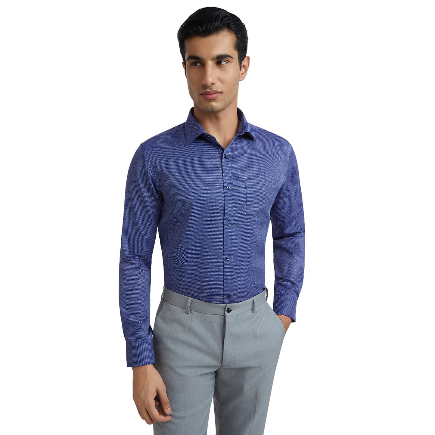 Park Avenue Men's Slim Fit Solid Pattern Poly Cotton Blend Semi Cutaway Collar Formal Shirt (Size: 46)-PMSX17837-B6 Dark Blue