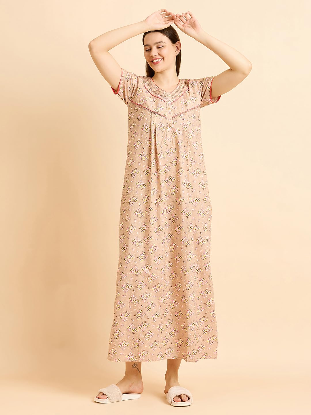 Sweet Dreams Women's Cotton Maxi Casual Nightgown (OCW-3582 Khakhi L)