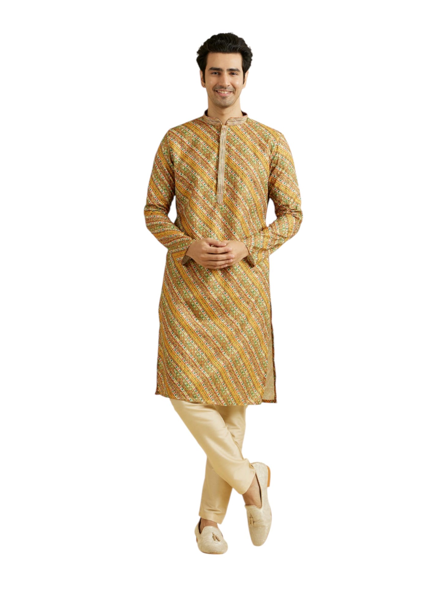 Manyavar Men's Cotton Blend Diagonal Print Kurta Pyjama Set (2pcs)