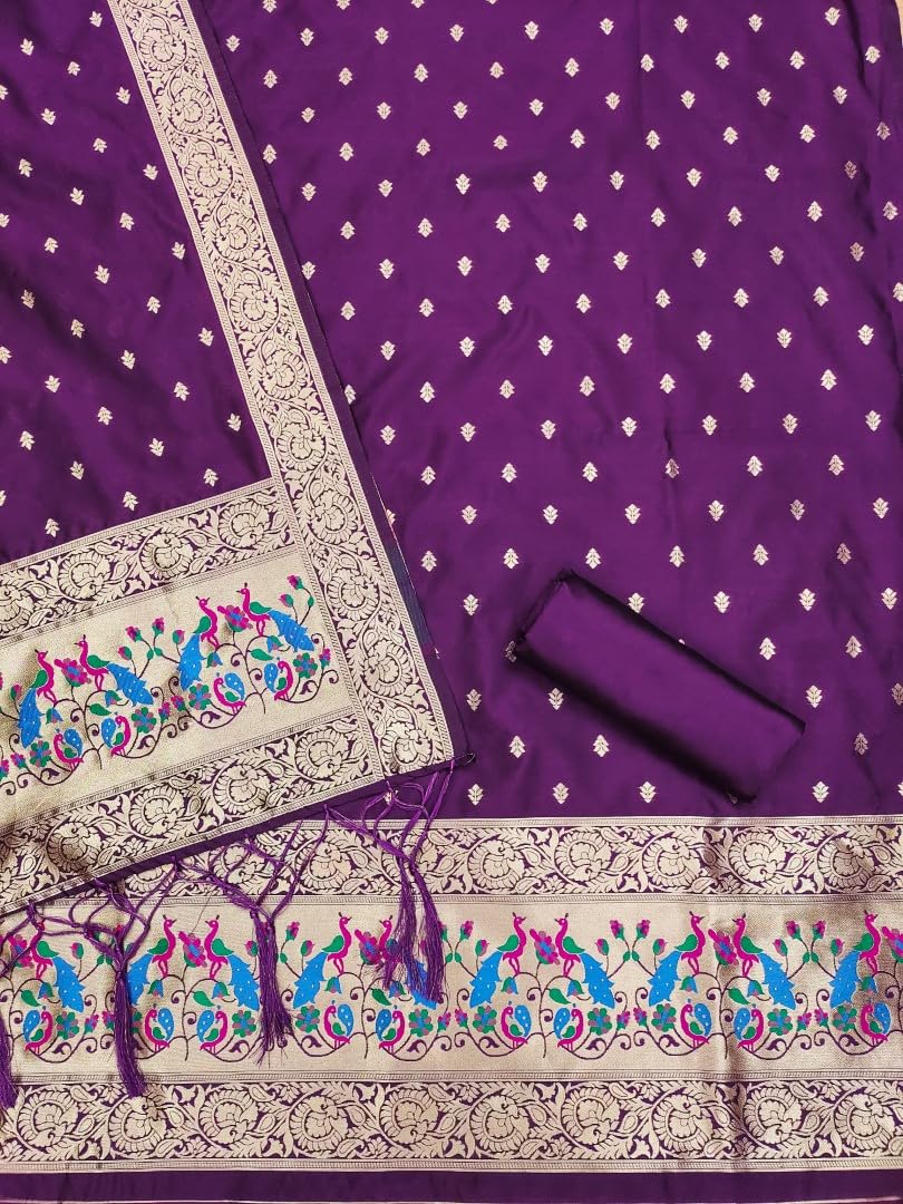 SHANTVAN GALLERY Banarasi Dress Materials for Women Unstitched Suit Set with Dupatta, Pure Zari Soft Banarasi Silk Suit Material for Women Unstitched Peacock Design Salwar Suit Material - Purple