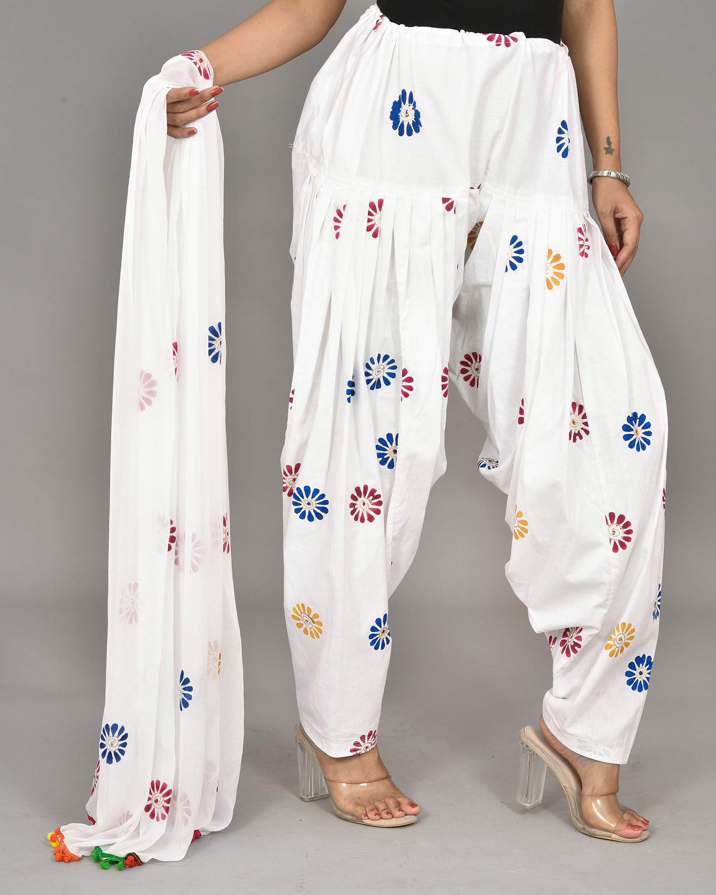 Women's Regular Fit Cotton Casual Style Patiala And Dupatta Set (V_Sal_Dup_Blue_Blue, White_Free Size) Patialas