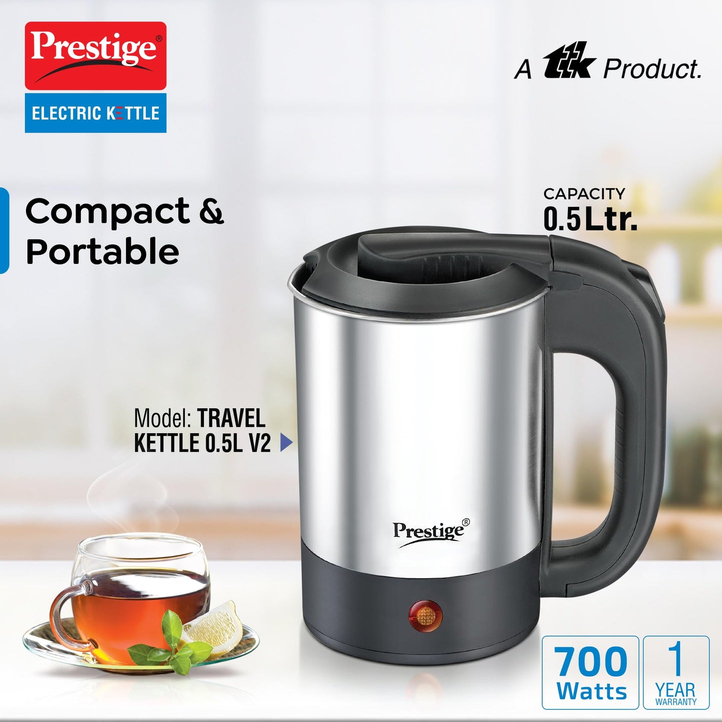 Prestige Stainless Steel Electic Travel Kettle 0.5 L V2 (0.5 L with Concealed Element), 700 Watts, Silver