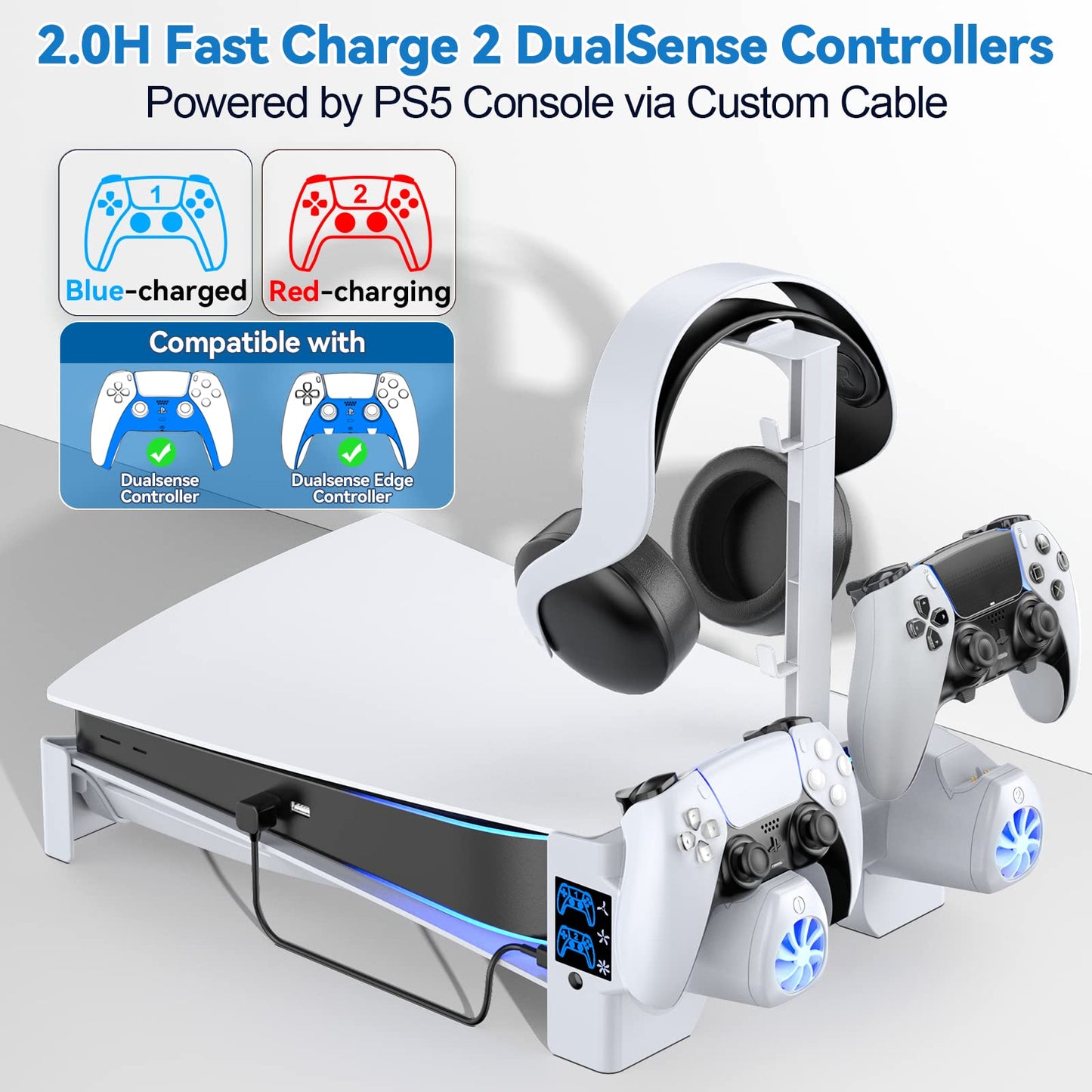 Tokluck Ps5 Horizontal Stand With 3-Level Cooling Fans For Ps 5 Console, Ps5 Accessories Cooling Stand With Ps5 Controller Charger, Ps5 Cooling Station With Headset Holder & Screw, Usb-C Cable