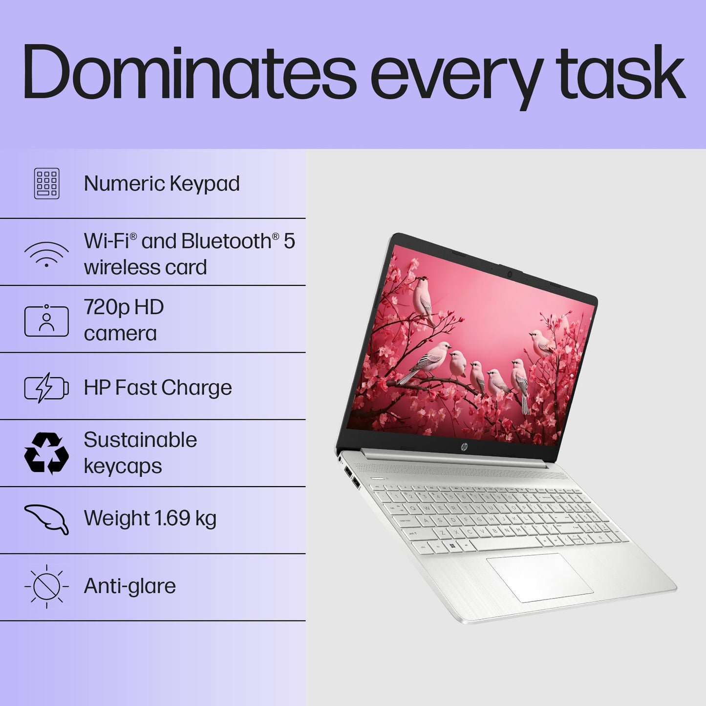 HP 15s, 12th Gen Intel Core i3-1215U Laptop (8GB DDR4, 512GB SSD) Anti-Glare, 15.6"/39.6cm,FHD, Win 11, MS Office 21, Silver, 1.69kg, Intel UHD Graphics, HD Camera, Dual Speakers, fy5006tu