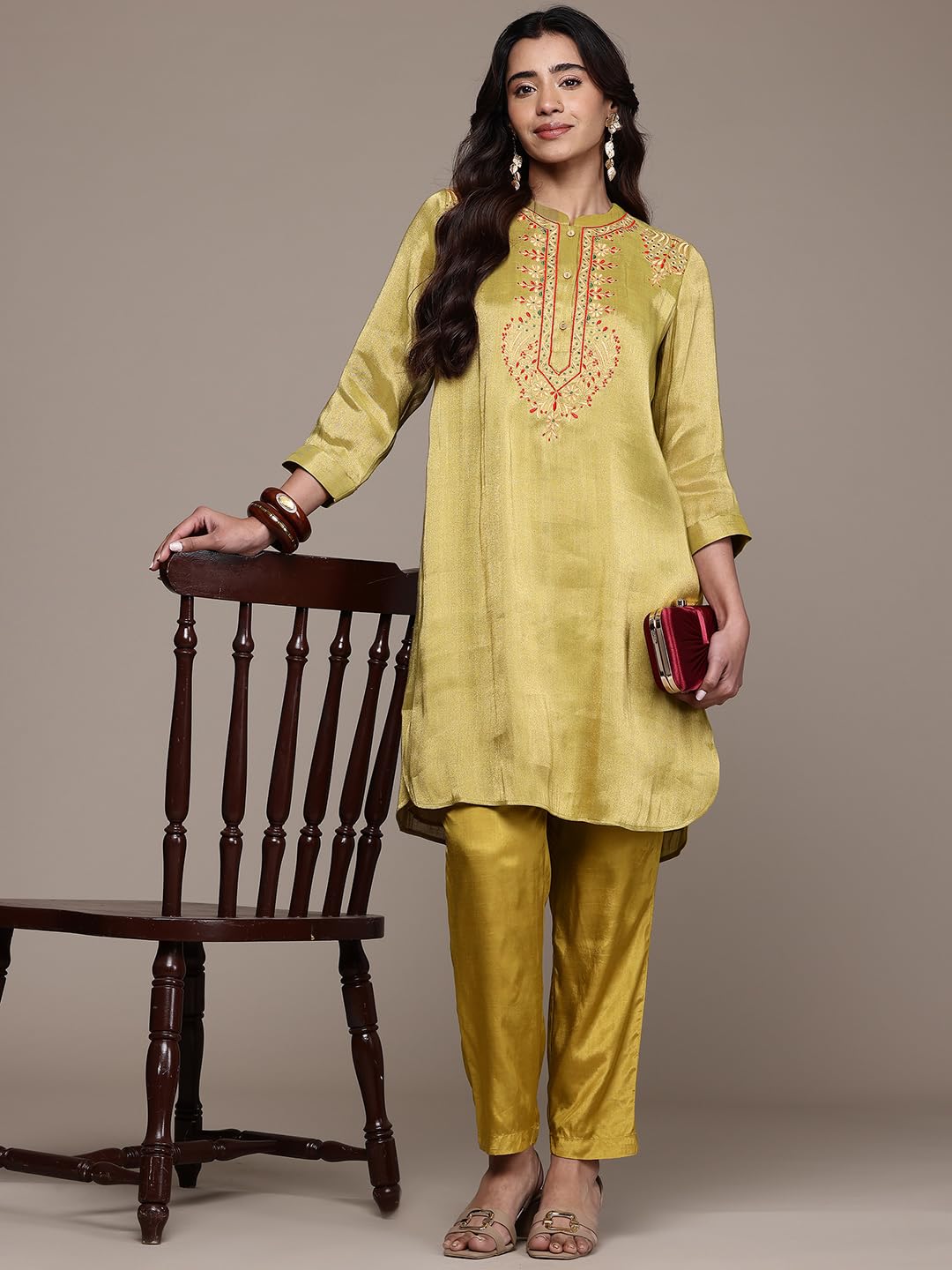 Aarke Ritu Kumar Golden Swarman Festive Band Collar Kurti With Camisole And Pant Co-Ord Set