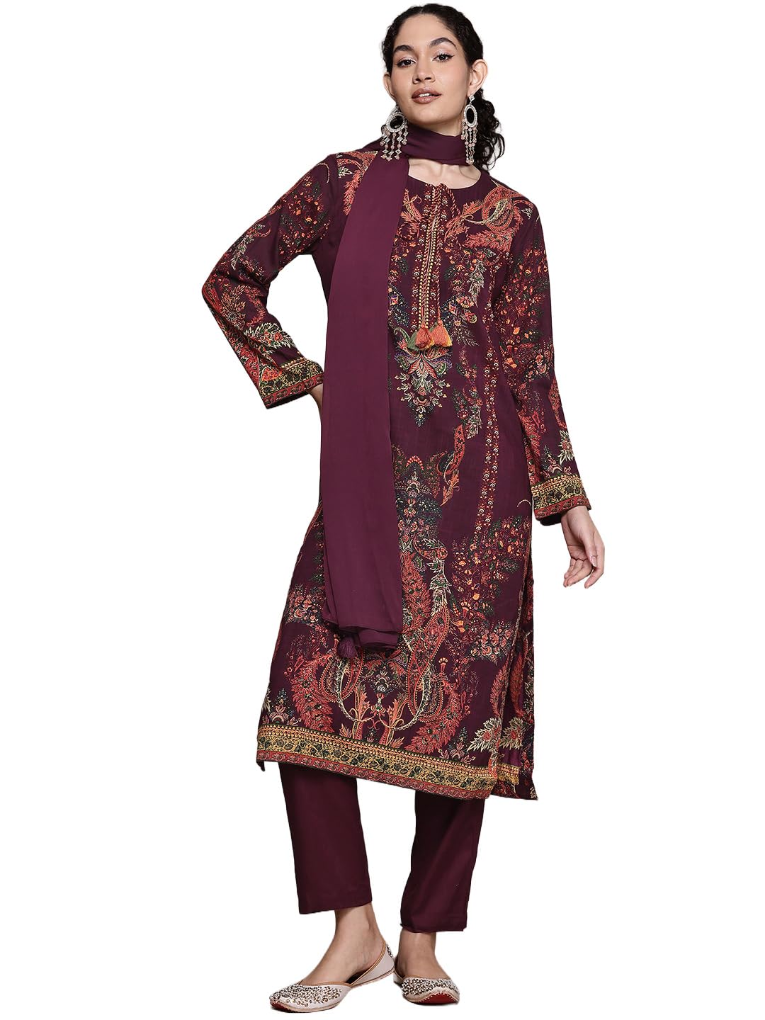 Aarke Ritu Kumar Wine Tuberose Round Neck Kurta With Pant And Dupatta