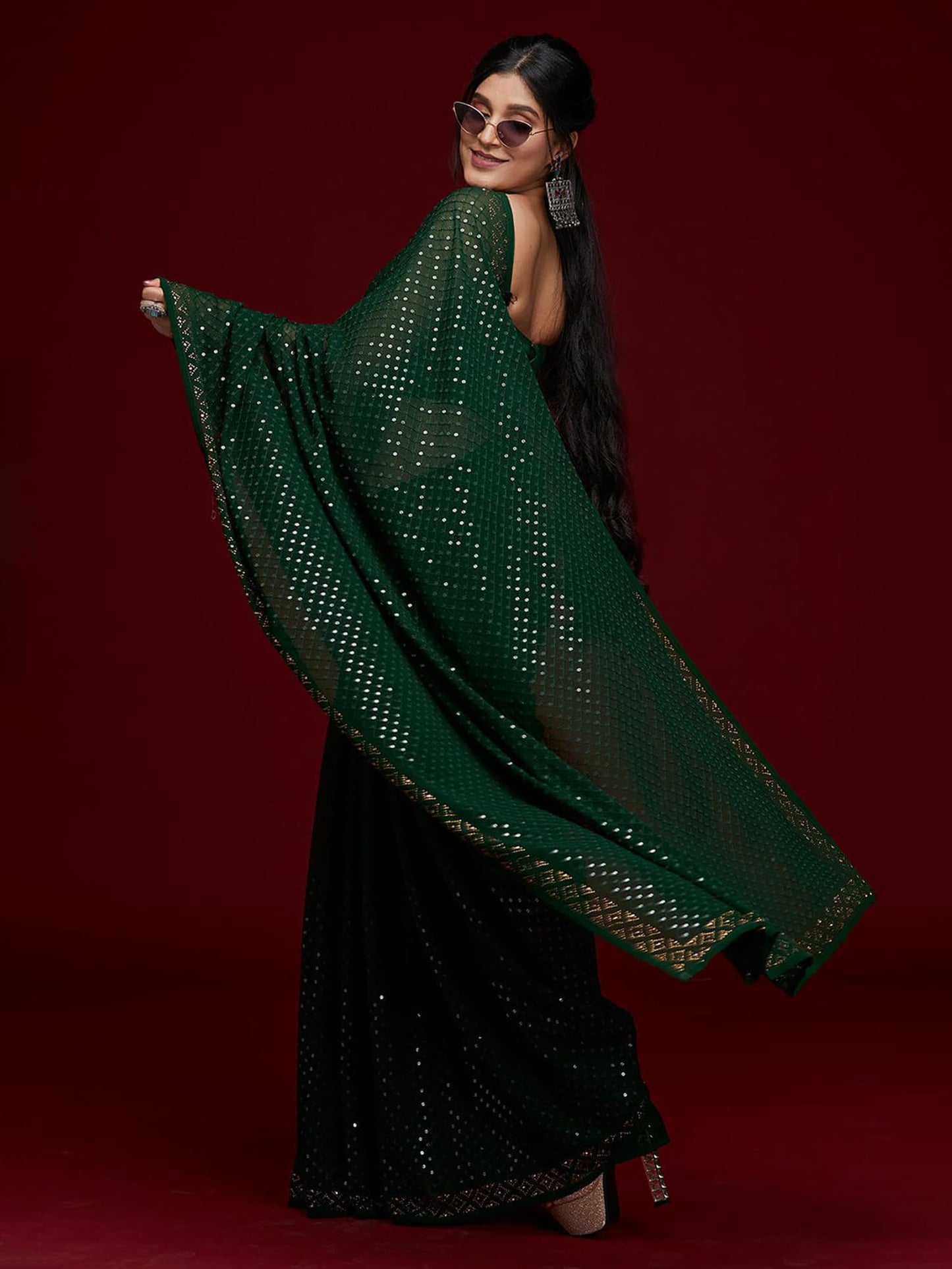 AKHIALM Women's Embellished Printed Sequins Georgette Saree With Unstitched Blouse Piece (Green_AAVYA501_HV)