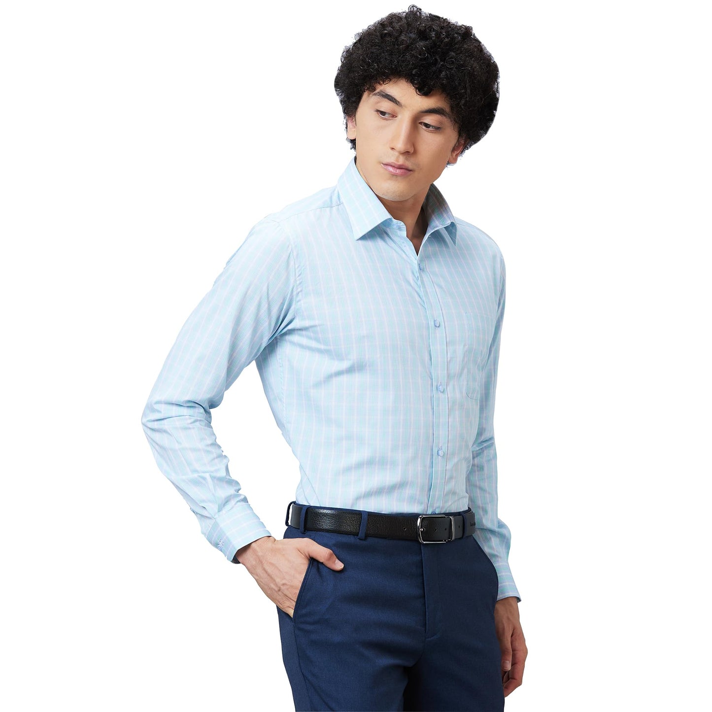Raymond Men's Slim Fit Structured Formal Shirt - Pure Cotton, Full Sleeve, Semi Cutaway Collar | Medium Blue