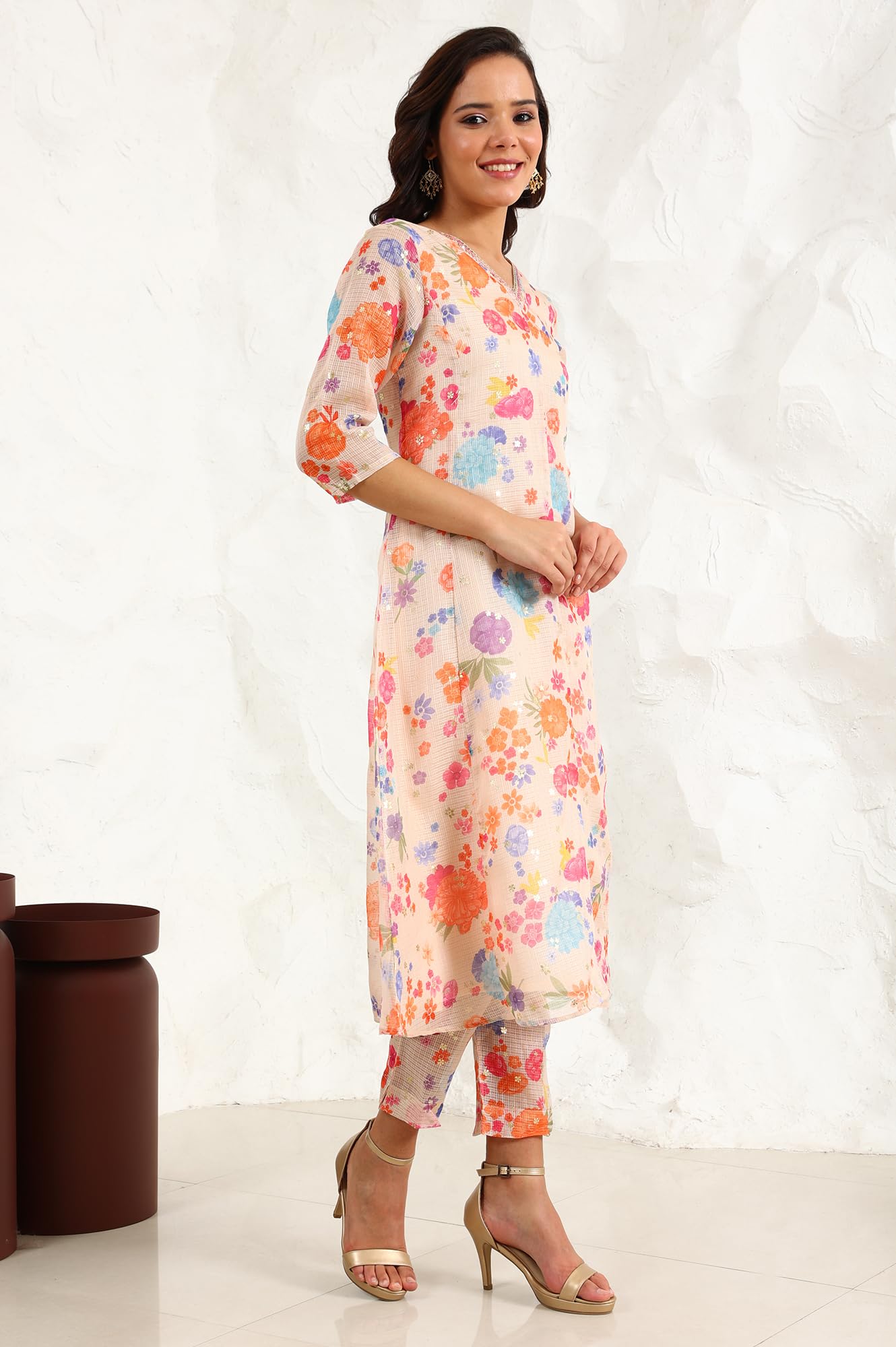 W for Woman Cream Floral Printed Sequined Kota Flared Kurta, Pants and Dupatta Set