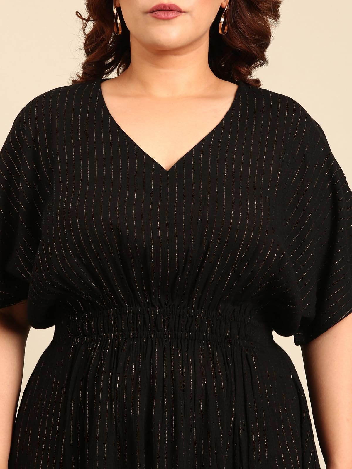 The Pink Moon Women's Maxi Plus Size Black and Gold Lurex Dress with Waist Smocking Dress - (DRS_SMKING_GOLDLX_Black_2XL)