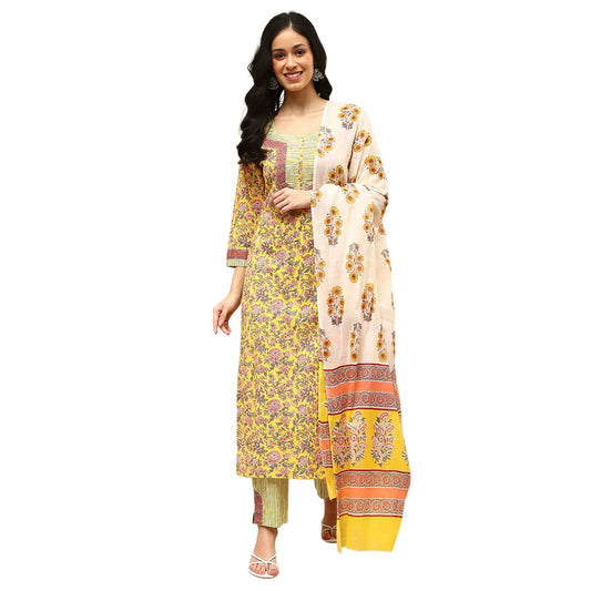 BIBA Women Yellow Cotton Screen Print Unstitched Suit Set_FREE SIZE