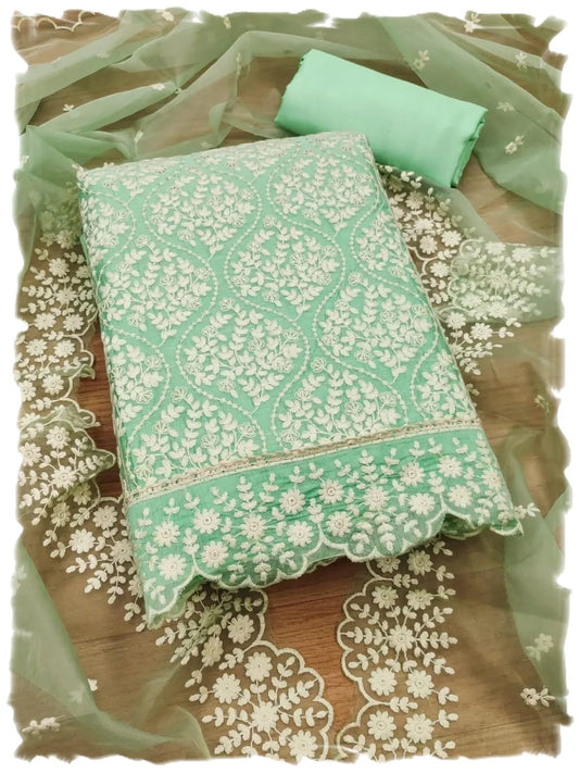 Pandadi Saree Women's Chanderi with Embroidery Work Dress Material (Mint Green)