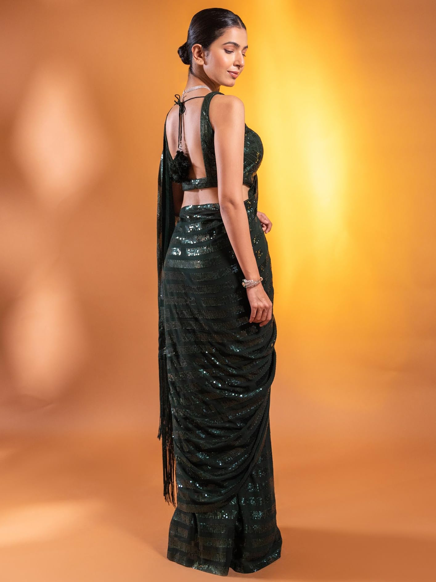 Zeel Clothing Women's Green Sequins Work Heavy Georgette Saree with Blouse (1023-Green-Sequins-Designer-Saree-Latest, Green)