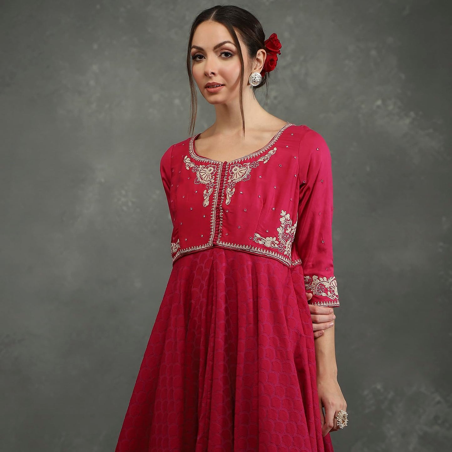 BIBA Women's Silk Chanderi Kurta Sets (CKD10745AW24FUS_Pink