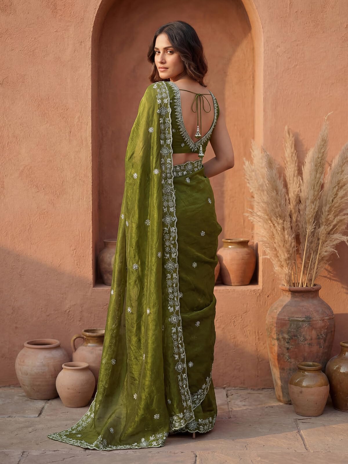 SIRIL Women's Tissue Silk Scalloped Border Embellished Sequins Embroidery Saree with Unstitched Blouse Piece (4793S141A_Mehndi Green)