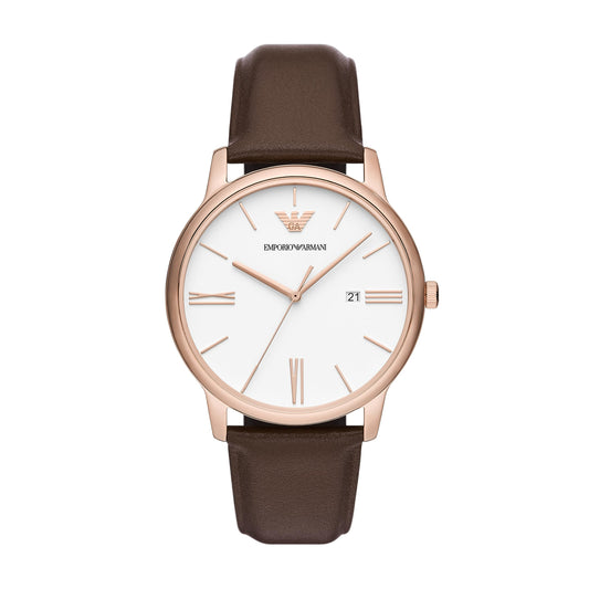 Emporio Armani Leather Analog White Dial Men Watch-Ar11572, Brown Band