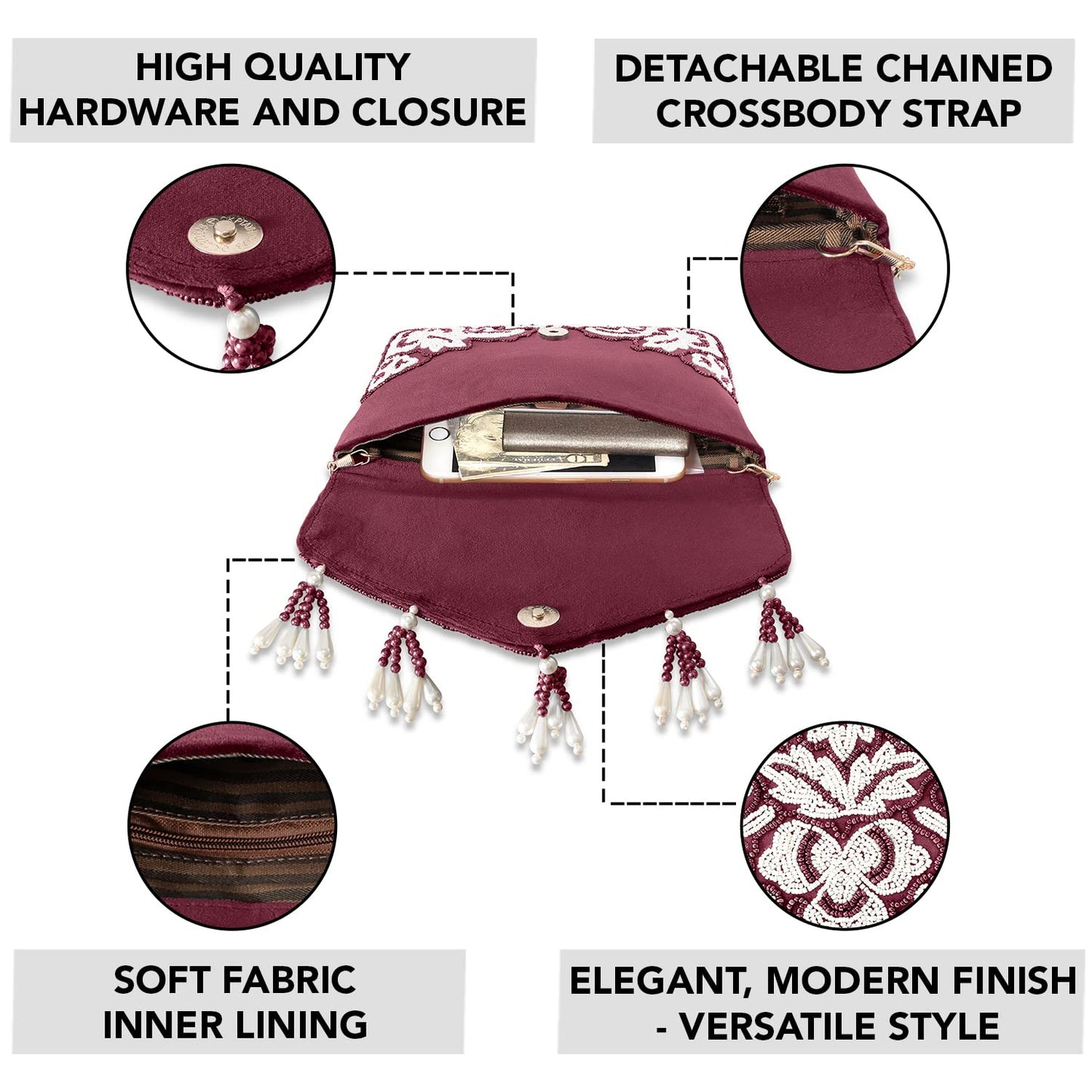 Peora Clutch Purses for Women Wedding Handmade Evening Handbags Party Bridal Clutch (Maroon)