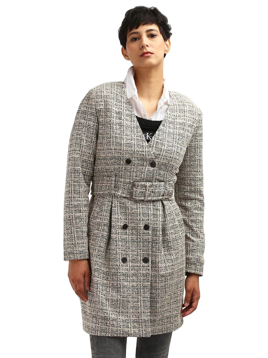 Calvin Klein Jeans Bodycon Polyester V-Neck Double-Breasted Coat