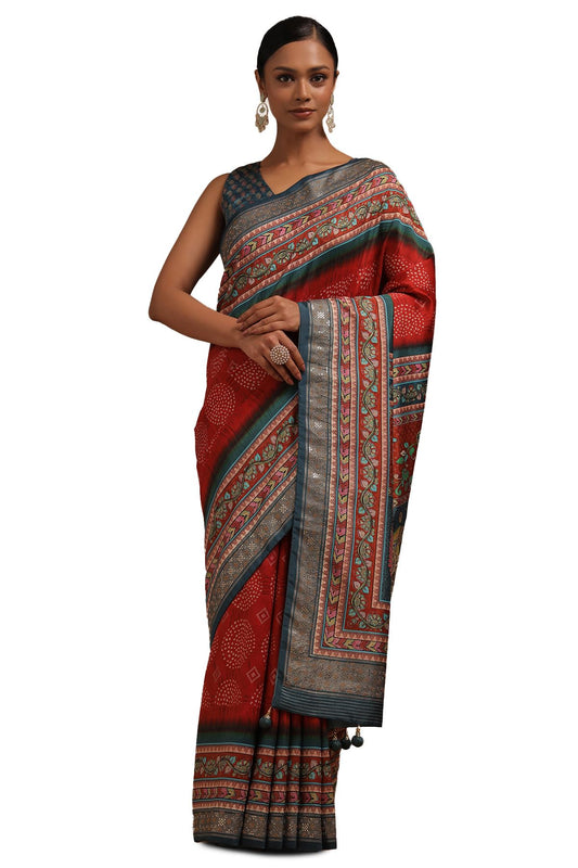Soch Womens Red Dola Silk Kalamkari Saree With Stud Work