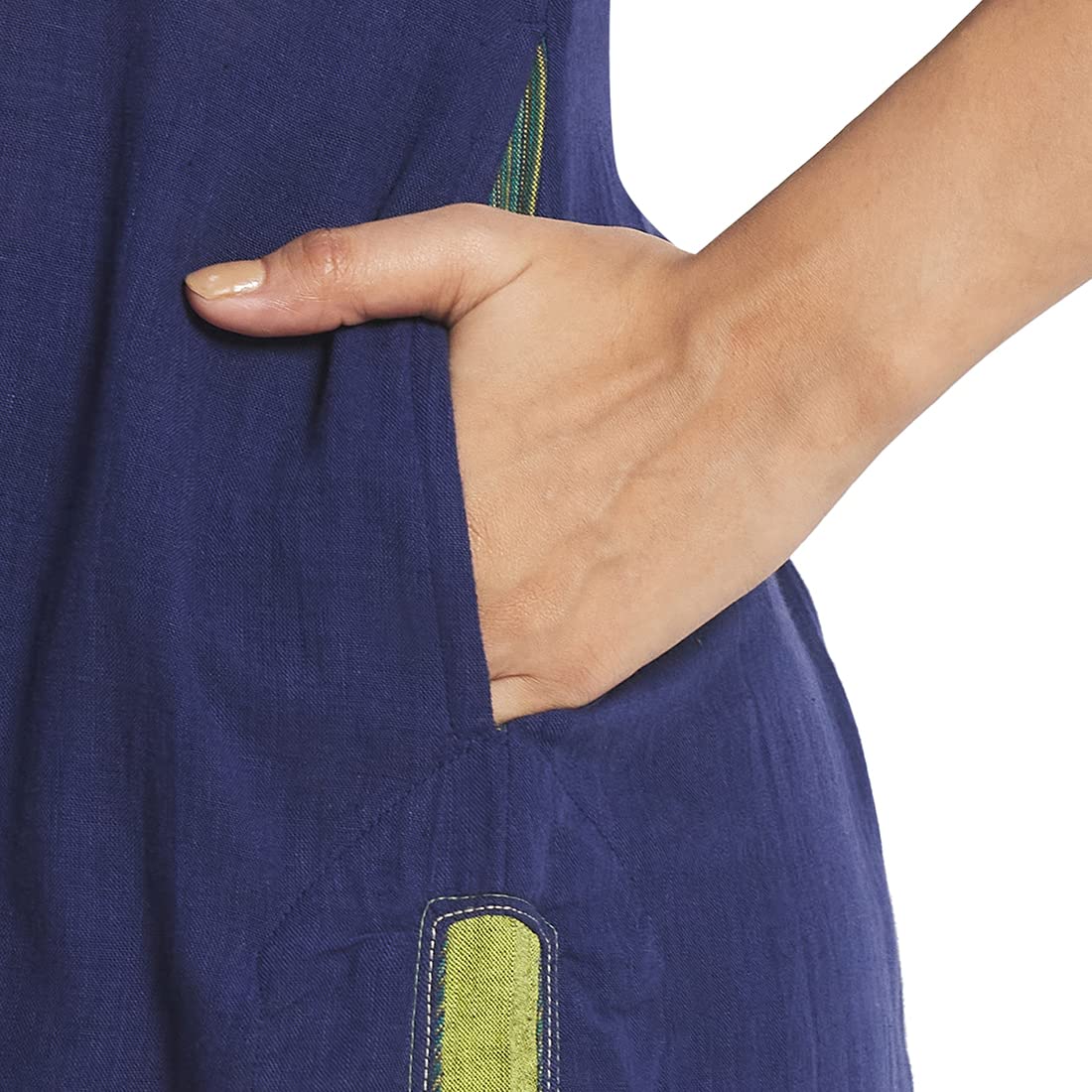 Fabindia Women Round Neck Placket Medium Kurta Cotton_L Navy Blue