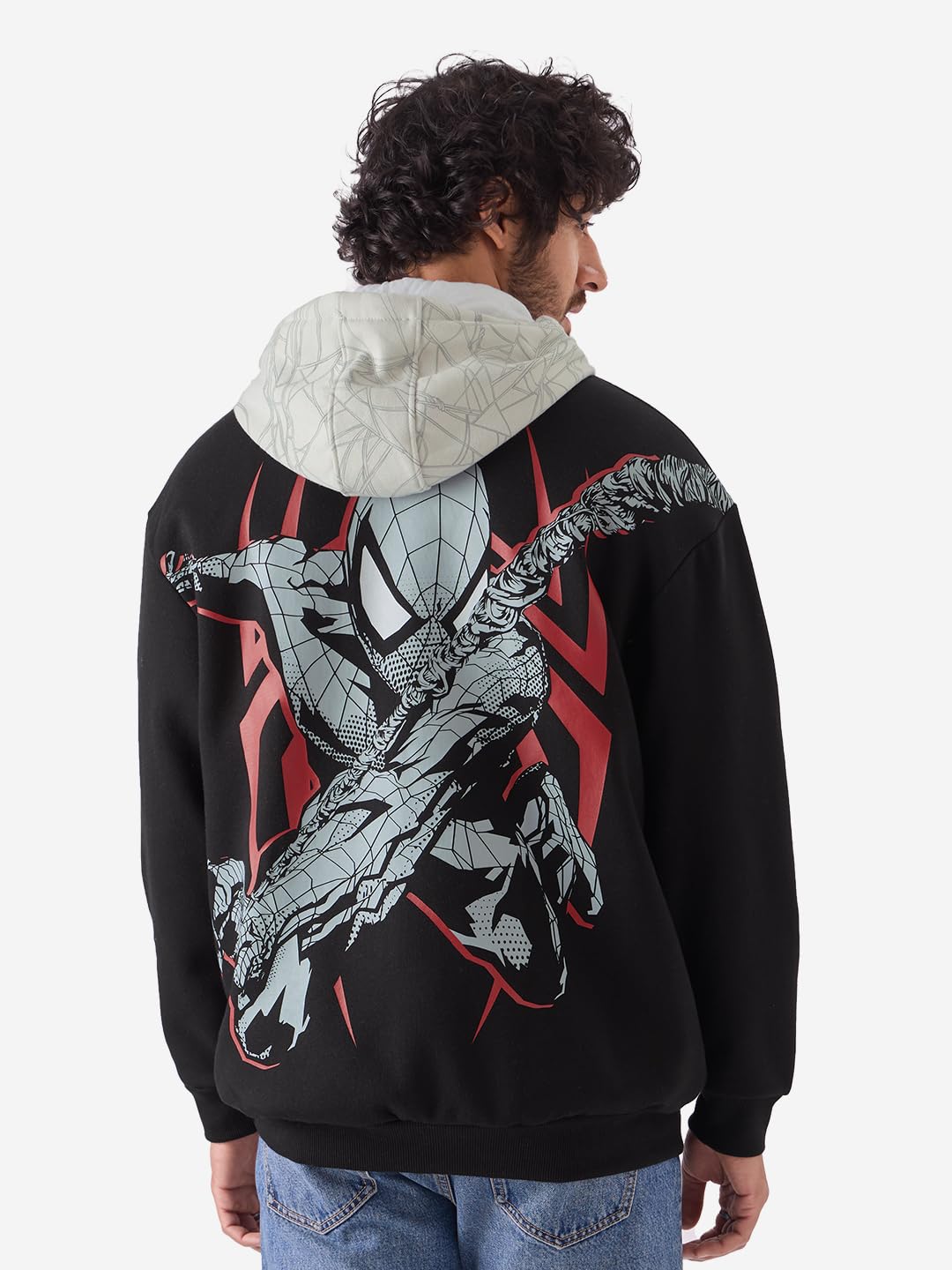 The Souled Store Spiderman: Beyond Amazing Men and Boys Hooded Neck Long Sleeve Graphic Printed Black and Grey Oversized Fit Zipper Hoodie Oversized Hoodies Sweatshirts Pullovers Graphic Printed