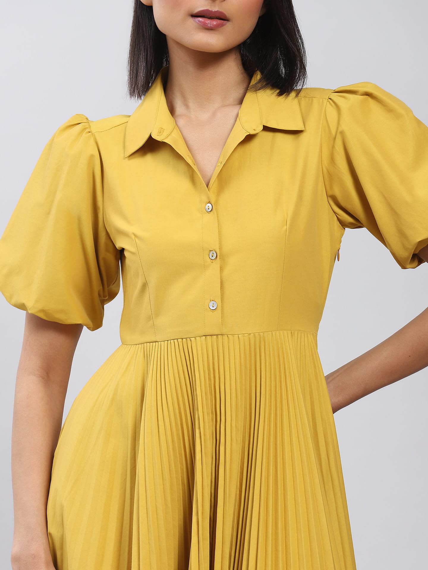 Label RITU KUMAR Mustard Button-Up Midi Dress with Pleats