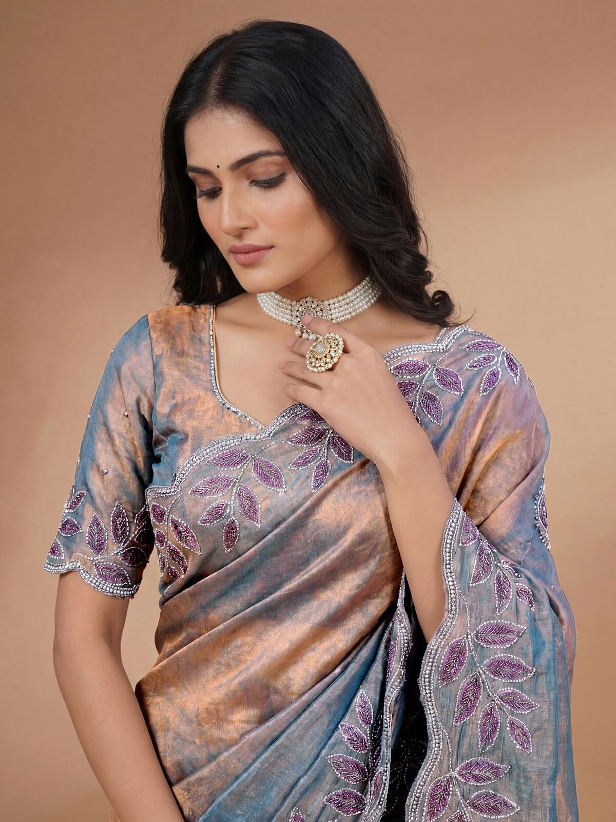 SIRIL Women's Shimmer Chiffon Scalloped Border Stone Work Embroidery Saree with Unstitched Blouse Piece (4974S941A_Lavender)