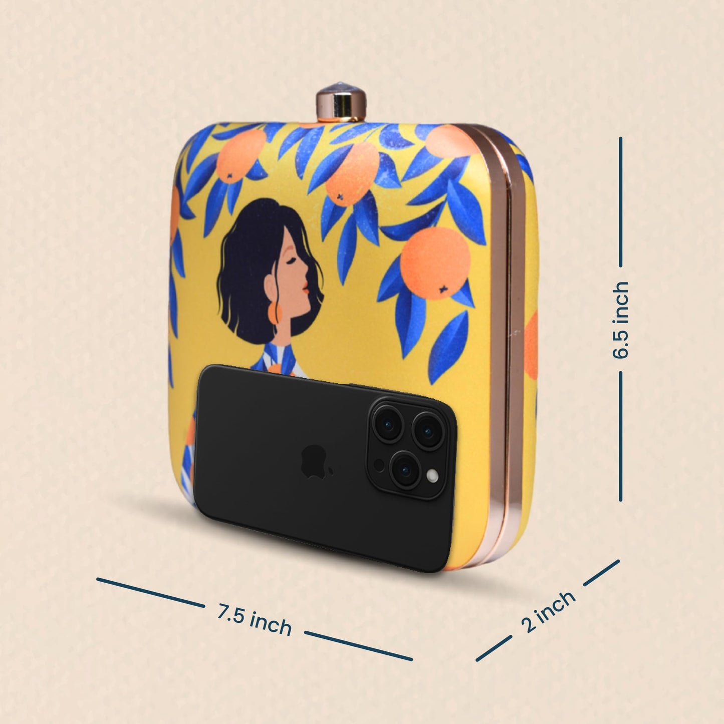 Artklim Yellow Citrus Bloom Diva Clutch for Women & Girls - Modern Box Sling Bag - Hard Case Handcrafted Evening Purse Daily Outings with Detachable Chain Strap - Gift for Woman