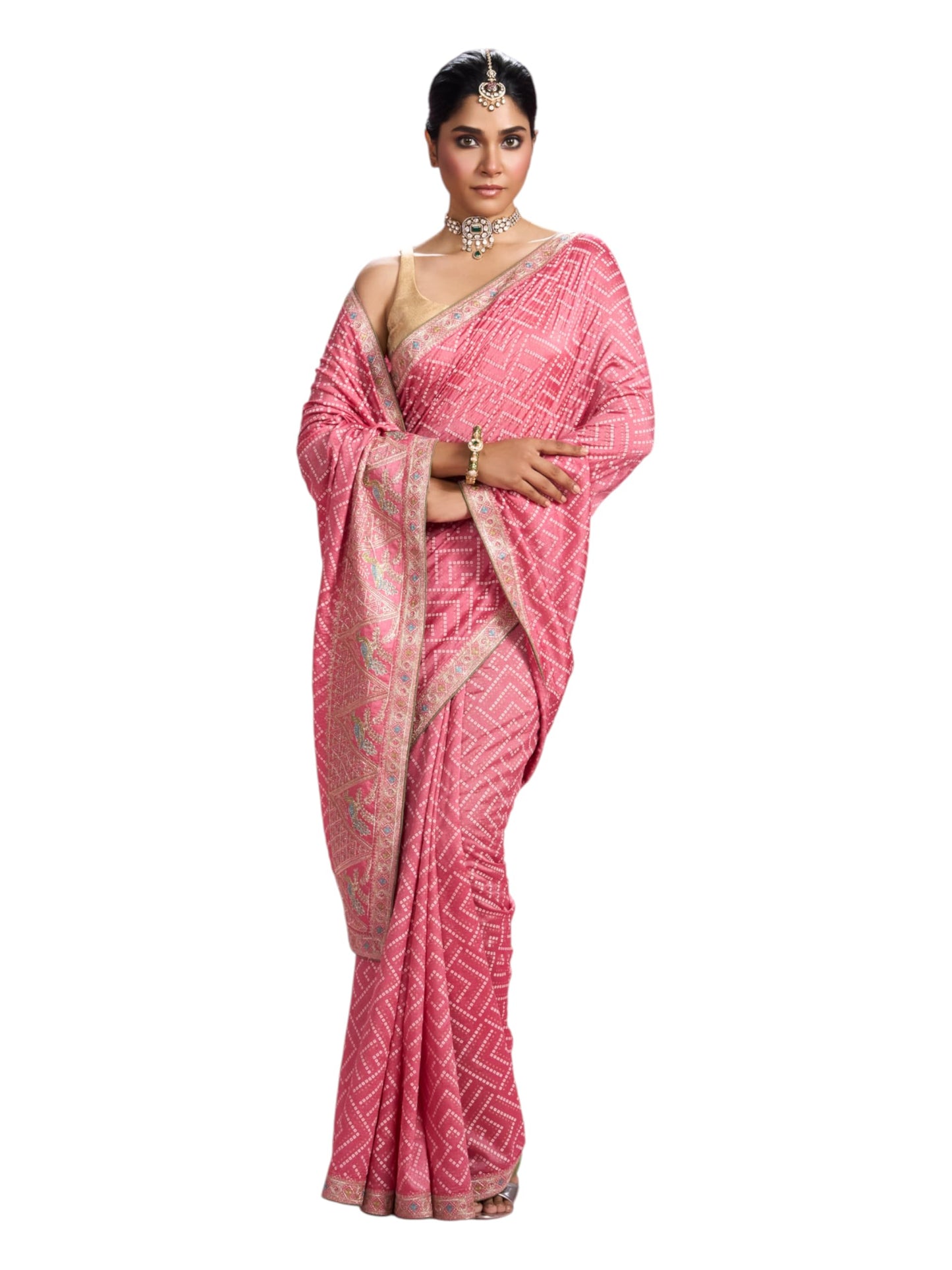 MOHEY Women's Chinon Printed, Stone Work, Thread Work, Zari Saree with Blouse Piece(Pink)