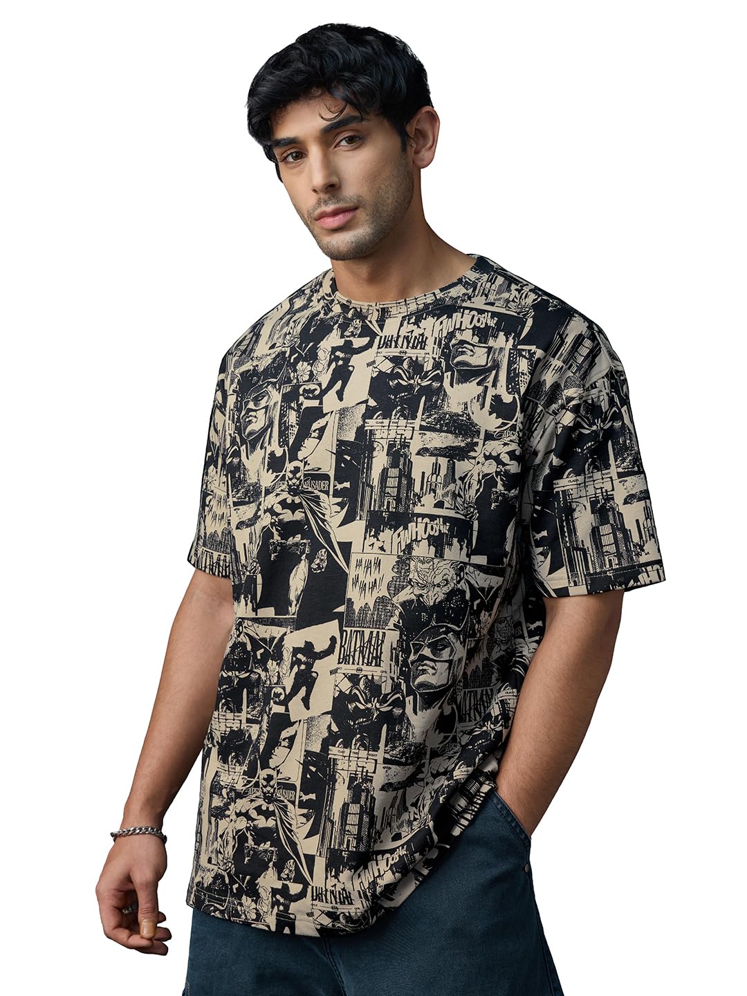 The Souled Store Batman: Gotham City Men and Boys Half Sleeves Round Neck Graphic Printed Cotton Lightweight All-Season Oversized T-Shirt Beige
