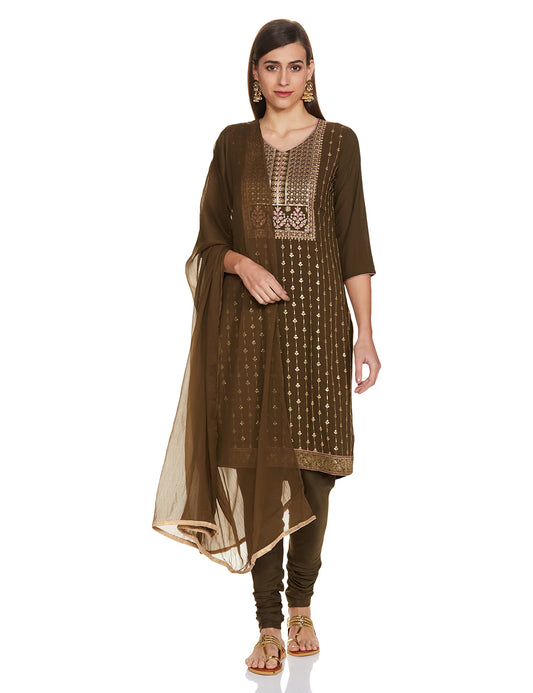 BIBA WOMEN EMBROIDERY FITTED SALWAR KURTA DUPATTA(SKDASSORTED7729_MEHANDI GREEN_32)