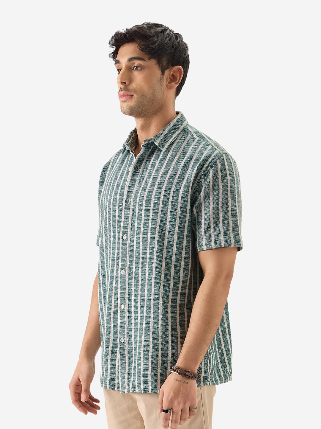 The Souled Store TSS Originals: Stripes Green Printed Men and Boys Collared Long Sleeve Button Down Regular Fit Shirts Shirts Casual Button-Down Half Sleeve Printed Graphic Short Sleeve Casual