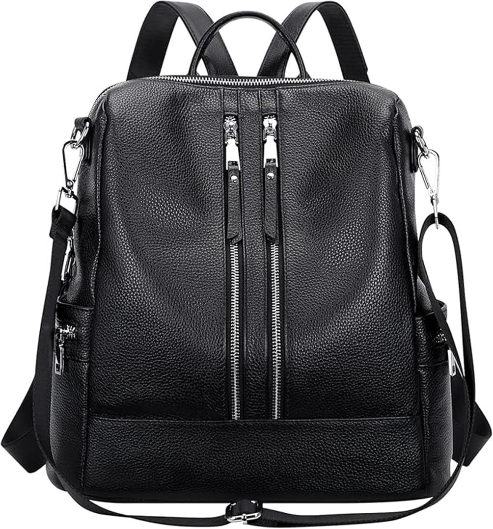 Comfabie Fashion Leather Backpack Purse, Convertible Shoulder Bag, Multi-compartment Design (Black)