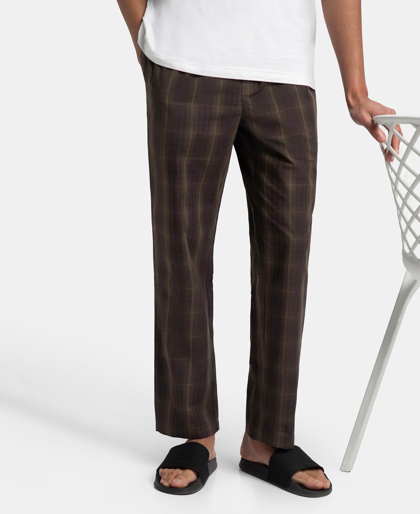 Jockey 9009 Men's Super Combed Cotton Woven Fabric Regular Fit Checkered Pyjama with Side Pockets_Olive Black_S