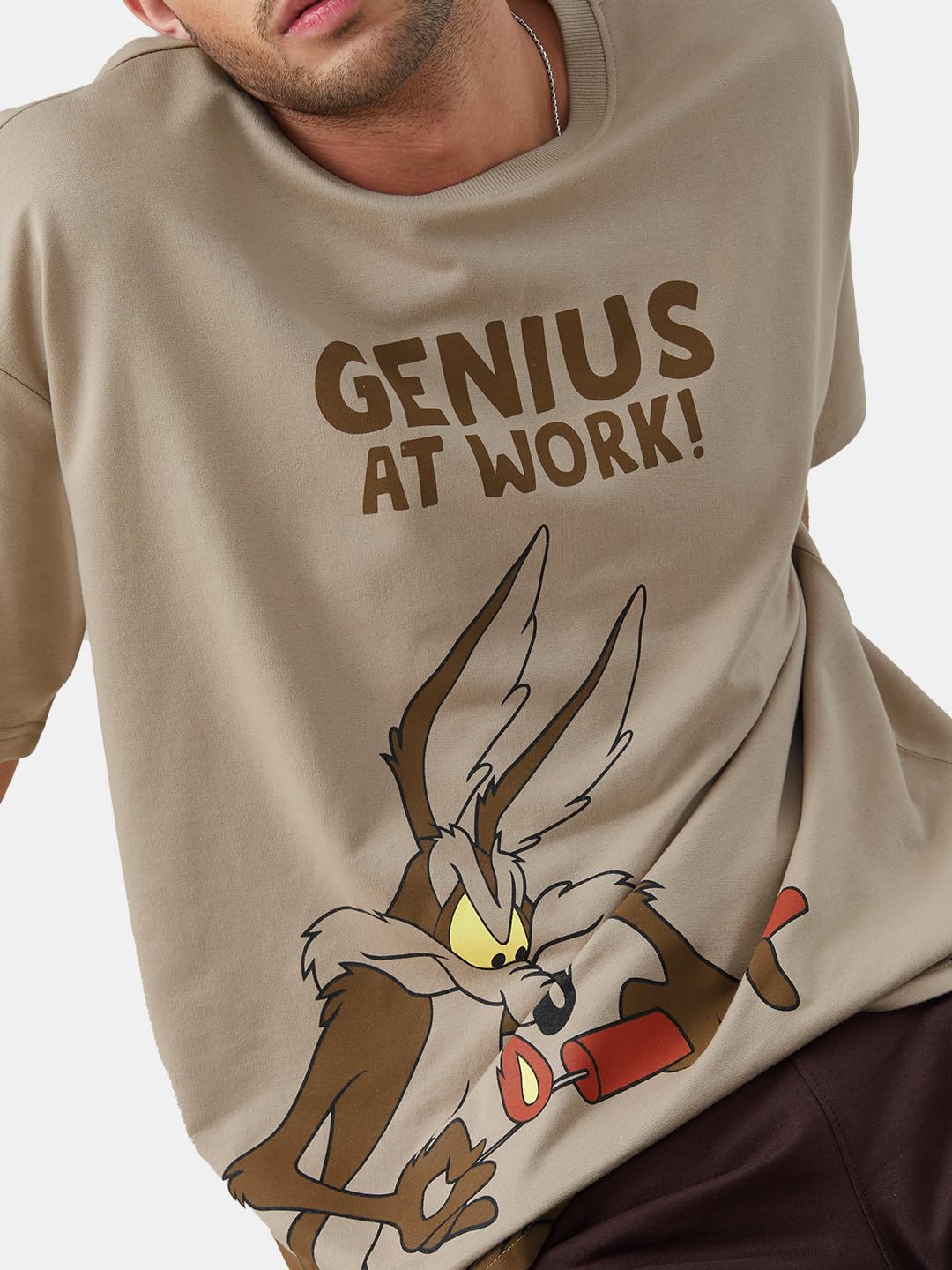 The Souled Store|Official Looney Tunes: Magic Mushroom Mens and Boys Oversized T-Shirts|Half Sleeve|Loose fit Graphic Printed| 80% Cotton 20% Polyester Brown Color Men Oversized T-Shirts