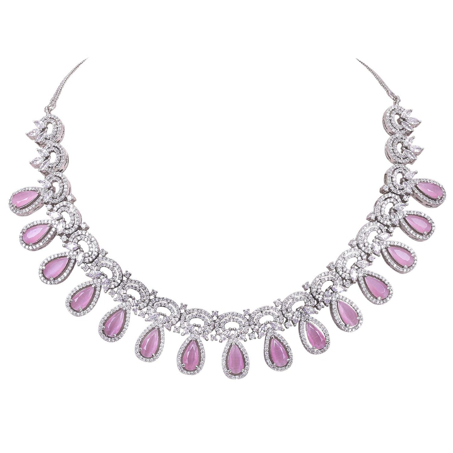 Ratnavali Jewels Brass Silver Plated Designer Pink White Cubic Zirconia Heavy Bridal Necklace & Earrings Set for Women & Girls RV4077P