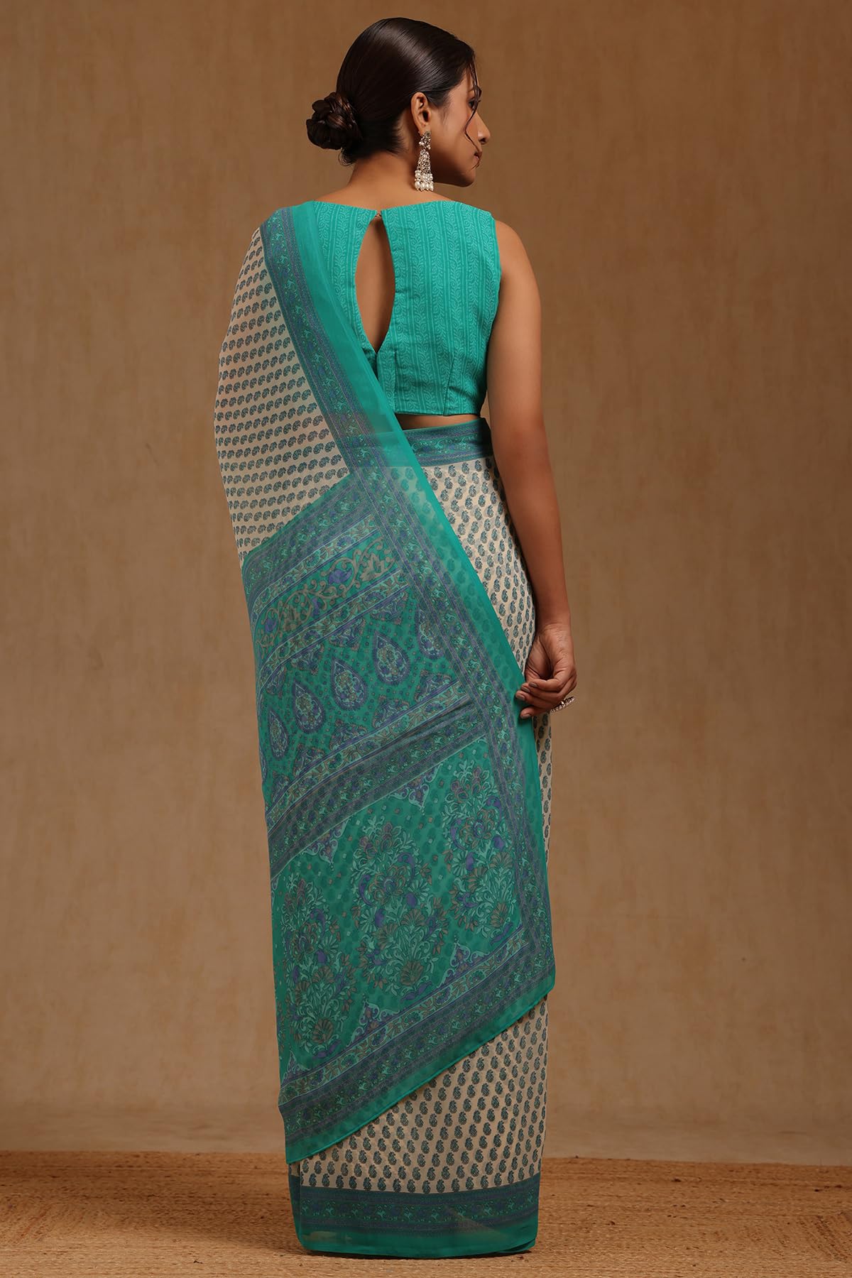 Soch Womens Teal Georgette Floral Print Saree