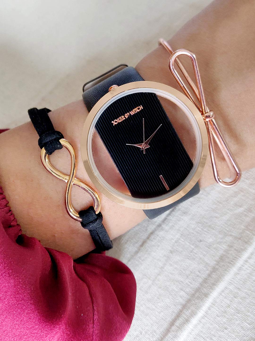 Joker & Witch Noir Black and Rosegold Analogue Watch Bracelet Set for Women