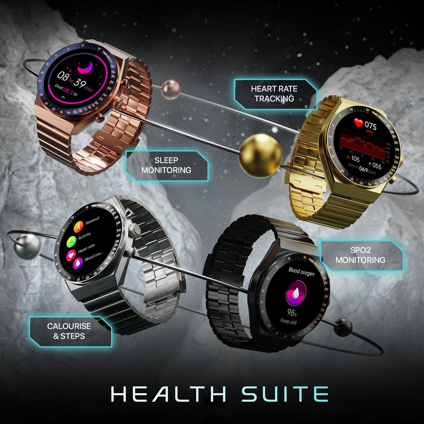 Fire-Boltt Spacewatch 36.3mm (1.43 inch) AMOLED Display, Wireless Charging, Metallic Frame, Stainless Steel Luxury Straps, Complete Health Suite, Bluetooth Calling, Sports Modes