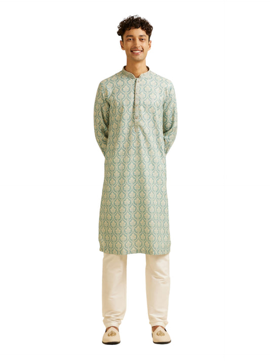 Manyavar Men's Cotton Blend Printed|Embroidered Kurta Pyjama Set (Green,XL)