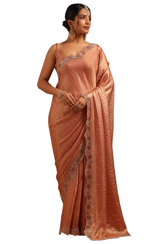 Soch Womens Peach Fendy Organza Saree With Swarovski Stone