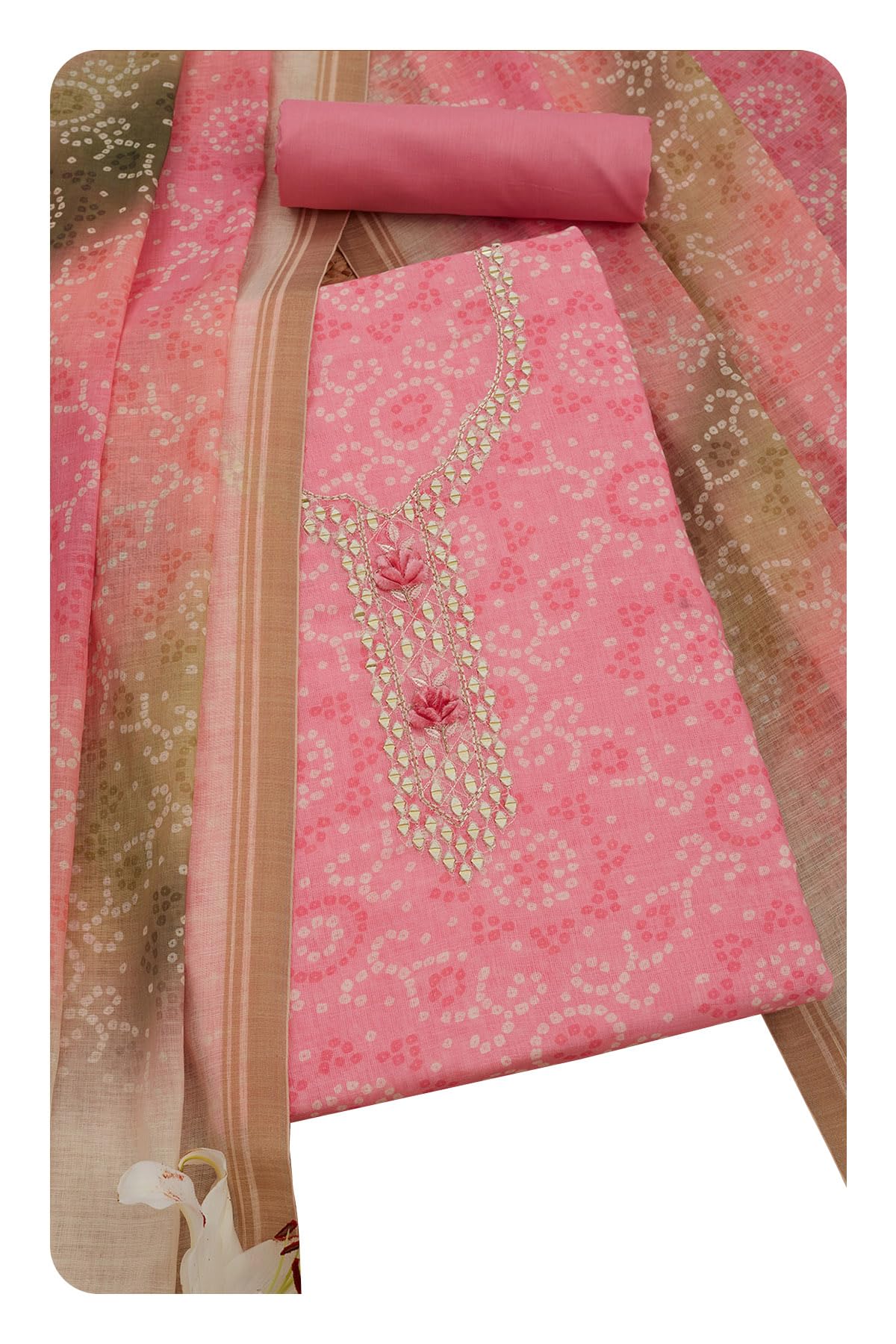 Soch Womens Pink Linen Bandhani Print Unstitch Dress Material With Mirror