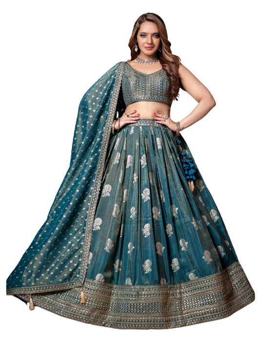 ADHIA Women's Tissue Silk Embroidery Work Lehenga Choli With Dupatta Set (Standard, Teal (blue), Large)