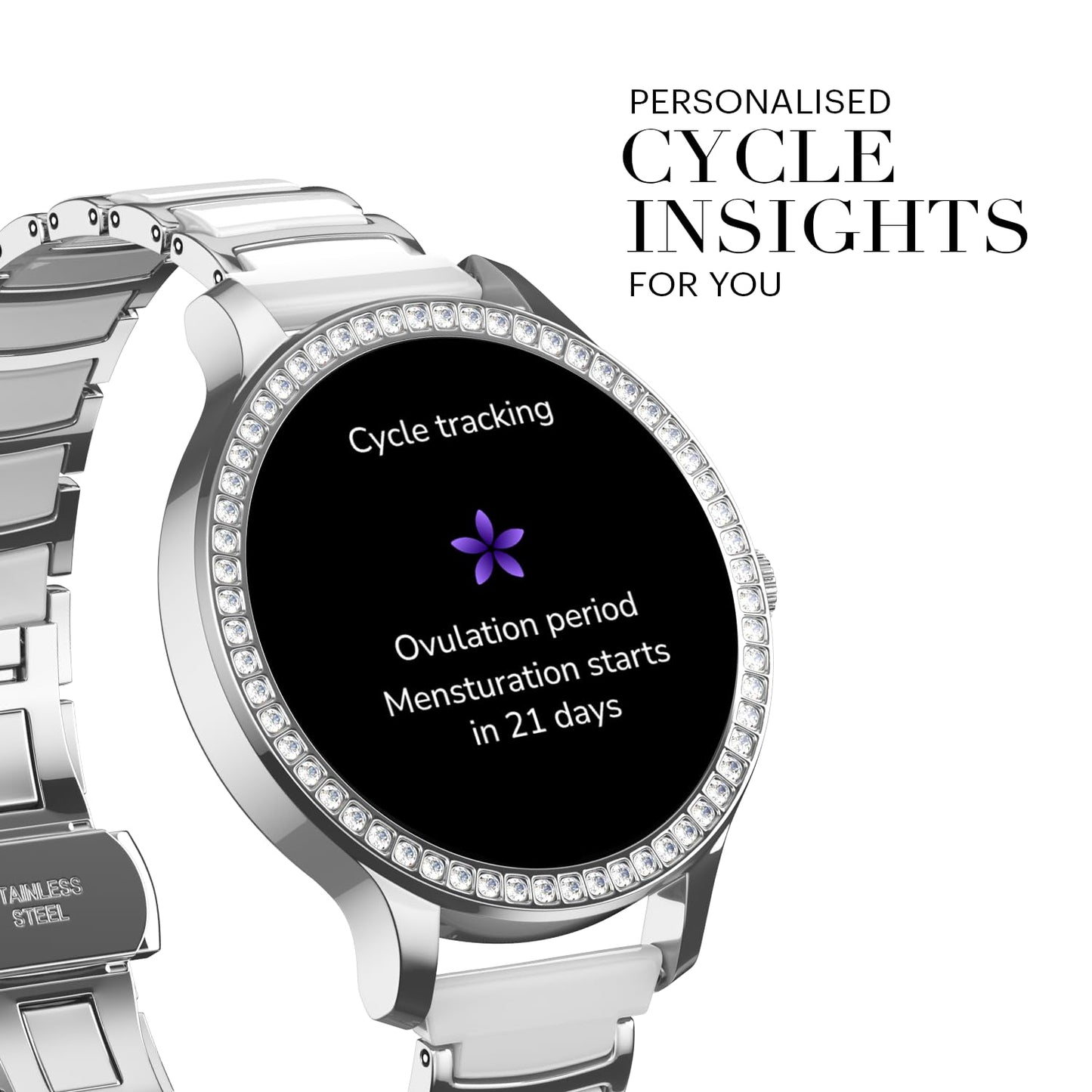 Noise Diva Araya Smartwatch for Women with AMOLED Display (850 Nits), 60 Precision-Set Crystals, Cycle Tracking, Skin Temperature, SOS with Live Location, 100+ Watch Faces - Iconic Silver